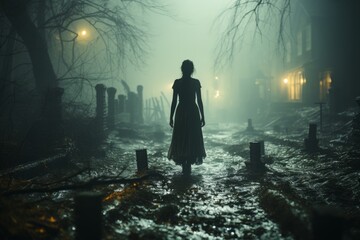 terrifying woman one lonely winter night in a cemetery - Powered by Adobe