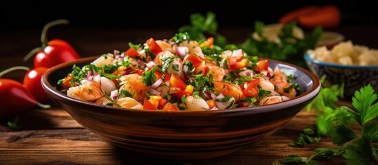 Peruvian dish of ceviche made with seafood - obrazy, fototapety, plakaty