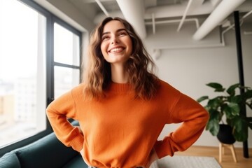 Positive Professional Woman: Smiling, Stylish, and Confident in Modern Environments