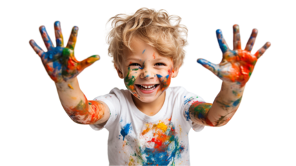 A small child artist showing paint on his hands after painting