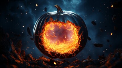 A pumpkin that appears to be cracked open to reveal a galaxy inside.