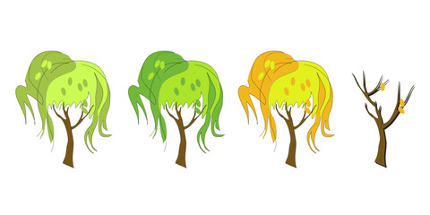 Vector drawing of a tree with foliage in the form of flowing hair. Forming the crown of a tree according to the shape of a woman's hairstyle. Seasons in nature: spring, summer, autumn, winter.