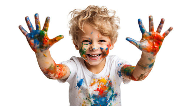 A small child artist showing paint on his hands after painting