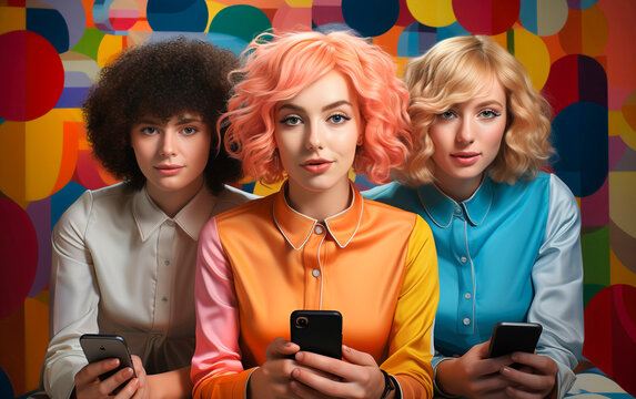 Three beautiful women with their cell phones with a psychedelic background