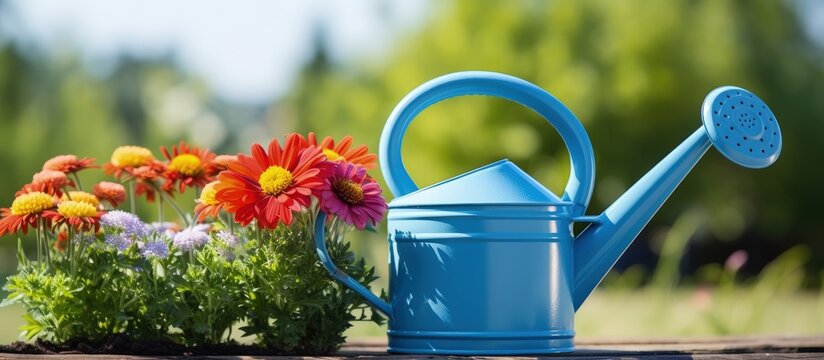 Gardening tools blue watering can plants in garden flowers on flowerbed and flowerpot sunny summer day Gardening concept