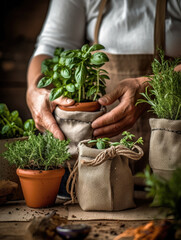 Person Holding a pot of herbs, Sustainability Generative AI - obrazy, fototapety, plakaty