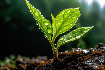 New life emerges from seed in wet spring season, a plant with water drops on it
