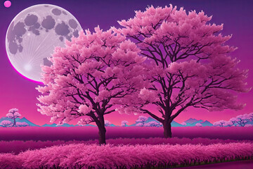 a painting of a tree with a full moon in the background, pink neon colors, generative ai