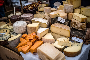 Cheese assortment at the market. Generative AI
