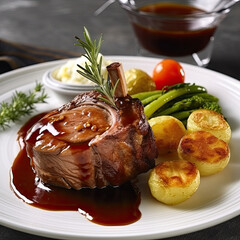 Mouthwatering dish of succulent lamb with a rich Madeira sauce, accompanied by tender boiled potatoes AI Generated