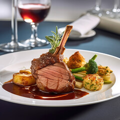 Mouthwatering dish of succulent lamb with a rich Madeira sauce, accompanied by tender boiled potatoes AI Generated
