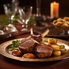 Mouthwatering dish of succulent lamb with a rich Madeira sauce, accompanied by tender boiled potatoes AI Generated