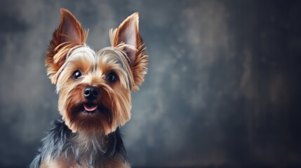 Yorkshire Terrier dog. Yorkshire Terrier dog portrait. Horizontal banner poster background. Copy space. Photo texture AI generated
