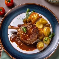 Mouthwatering dish of succulent lamb with a rich Madeira sauce, accompanied by tender boiled potatoes AI Generated