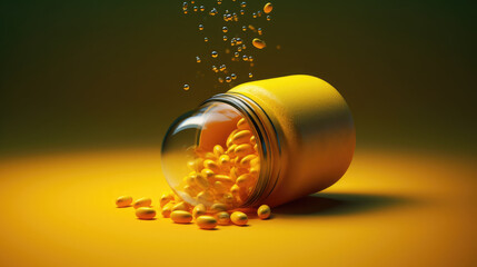 Medicine yellow bottle with pill spilling depicting addiction risks, AI Generated