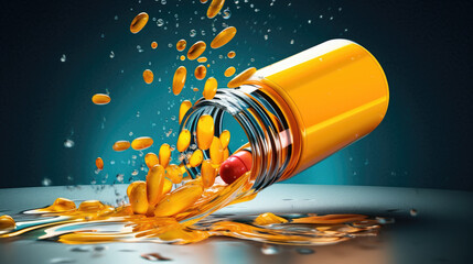Medicine yellow bottle with pill spilling depicting addiction risks, AI Generated