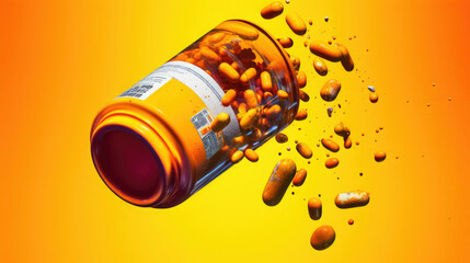 Medicine yellow bottle with pill spilling depicting addiction risks, AI Generated