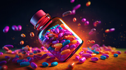 Medicine bottle spilling colorful pills depicting addiction risks, AI Generated
