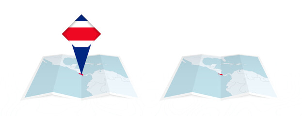 Two versions of an Costa Rica folded map, one with a pinned country flag and one with a flag in the map contour. Template for both print and online design. - obrazy, fototapety, plakaty