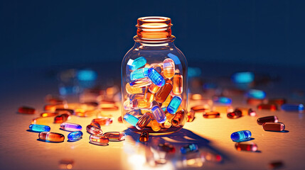 Medicine bottle spilling colorful pills depicting addiction risk, AI Generated - obrazy, fototapety, plakaty
