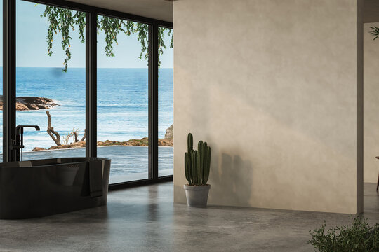 Modern bathroom with beige walls, concrete floor and comfortable basin with black faucet, drawer, oval mirror hanging on wall, plants, bathtub, pool and sea view.  3d Rendering