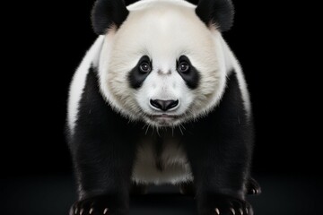 Panda on a black background. Portrait with selective focus and copy space