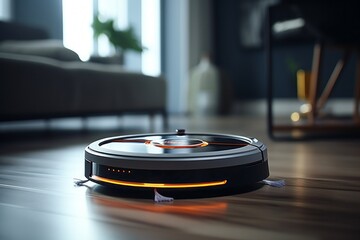 Robot vacuum cleaner with selective focus on blurred background of home interior