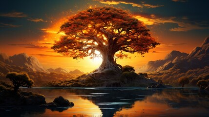 Spherical ancient tree sunset painting image AI generated art - obrazy, fototapety, plakaty
