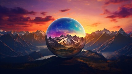Most wonderful round spherical color mountain sunset painting picture AI generated art