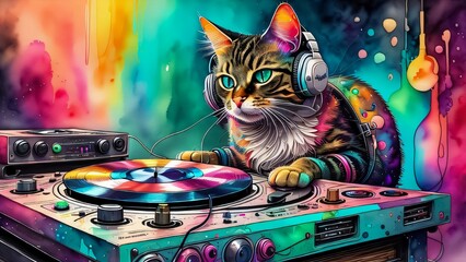 Illustration of a cat being a dj in front of a turntable in bright colors - obrazy, fototapety, plakaty