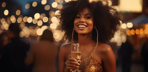  A radiant young black woman in an elegant evening dress smiles while holding a glass of champagne, set against a luxurious party backdrop. © StockWorld
