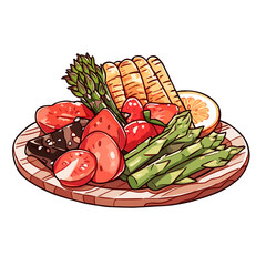 Grilled vegetables vector icon in minimalistic, black and red line work, japan web