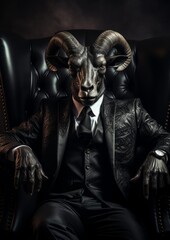 Fototapeta na wymiar A goat in human form wearing the suit of an office businessman. fashionable Ram. Made in AI