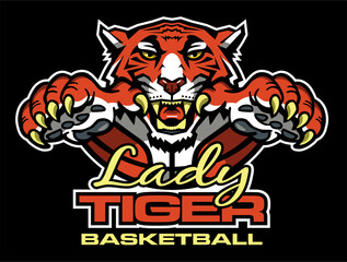 lady tiger basketball team design with mascot and ball for school, college or league sports