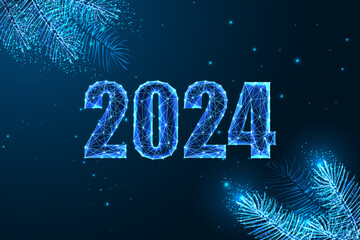 Abstract 2024 Happy New Year digital web banner with evergreen branches in futuristic style on blue