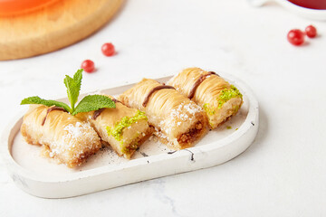 Baklava with pistachio, one of the most beautiful desserts of Turkish cuisine. Turkish dessert...