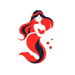Mermaid vector icon in minimalistic, black and red line work, japan web
