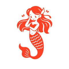 Mermaid vector icon in minimalistic, black and red line work, japan web