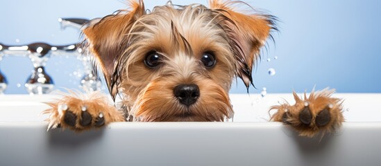 A delightful Griffon dog enjoys a bath paws resting on the tub s edge