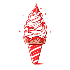 Soft serve ice cream vector icon in minimalistic, black and red line work, japan web