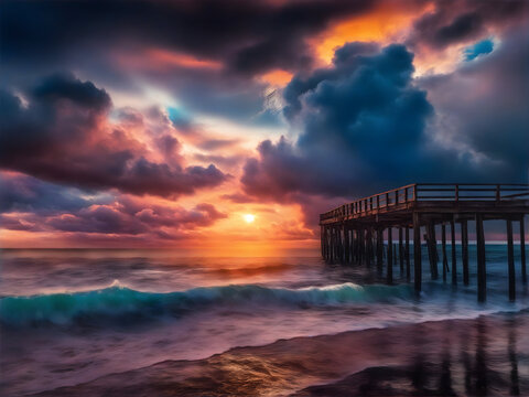 Dramatic ocean sunset, with a long crumbling pier, thunderclouds in the background. Sunset at the pier