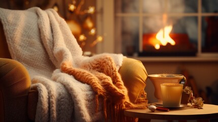 Obraz na płótnie Canvas Photo of a cozy winter scene with a warm cup of coffee and a soft blanket in front of a crackling fireplace