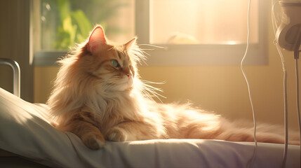 A sick cute fluffy cat was given an intravenous drip at the veterinary clinic.