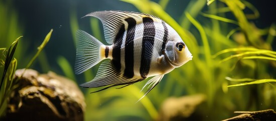 Blurred background portrait of a zebra Angelfish in a fish tank