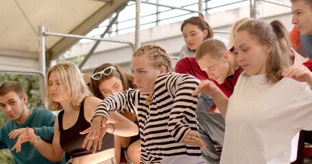 Educational camps learning opportunities help students develop deeper understanding subjects Experiential education. Students during Interactive Lecture Acting at summer camp group people move beat