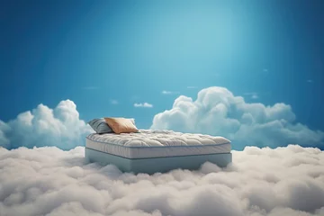 Foto op Plexiglas Mattress. Orthopedic mattress in the clouds. White, soft, like a white cloud. Sweet dreams © marikova