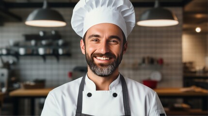 Photo of a chef in a professional kitchen wearing a traditional chef's hat