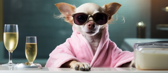 Chihuahua dog chilling in spa with bathrobe sunglasses and cocktail