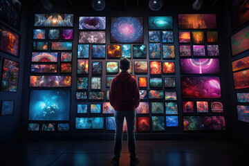 A person showcasing their NFT collection on a digital art gallery wall. Generative Ai.