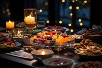 A festive table set with a variety of sweets and savory snacks, ready for a Diwali feast. Generative Ai.